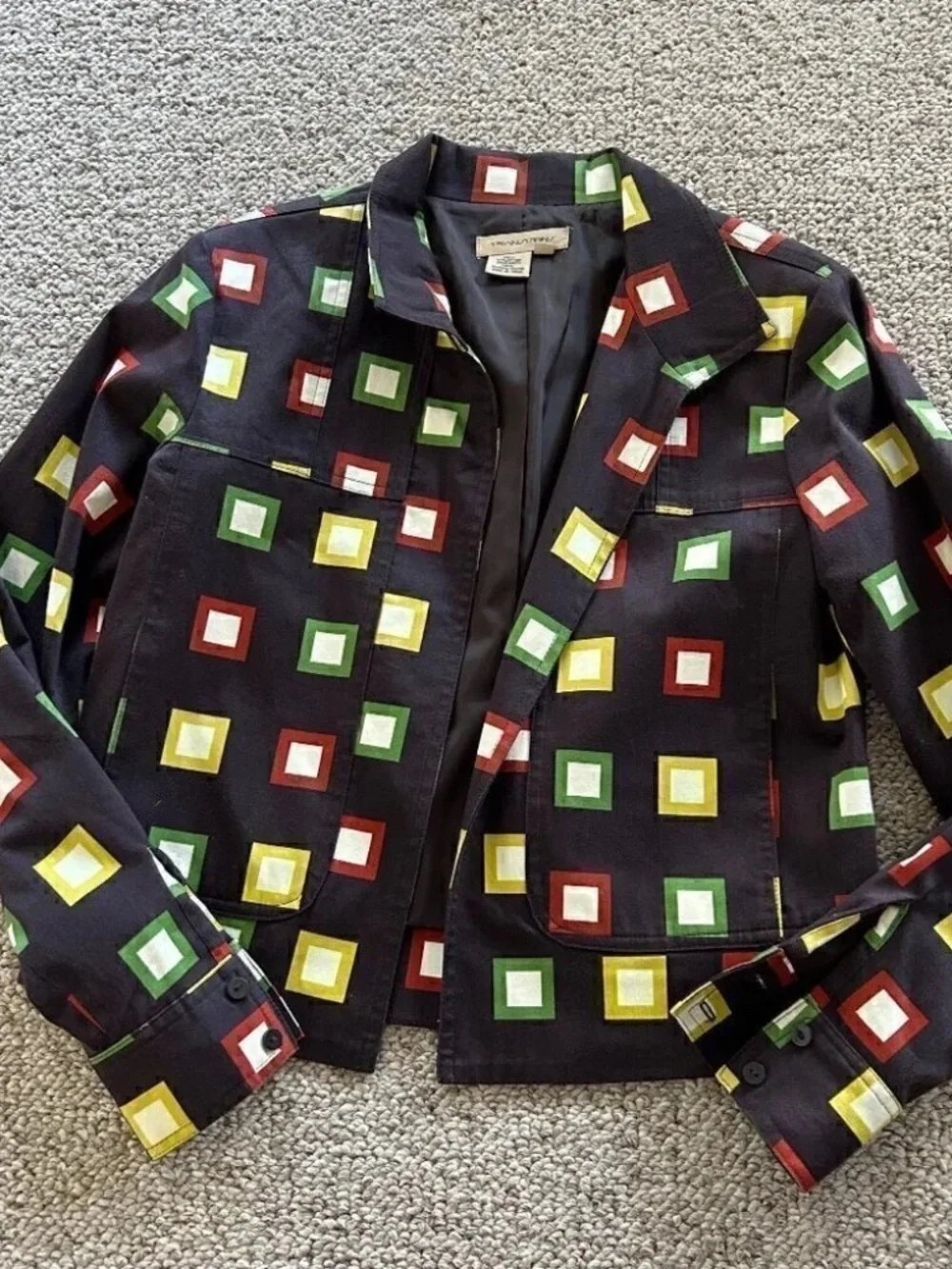 Retro Square Print Blazer Brown Structured Jacket Small 90s Workwear - Picture 2 of 6